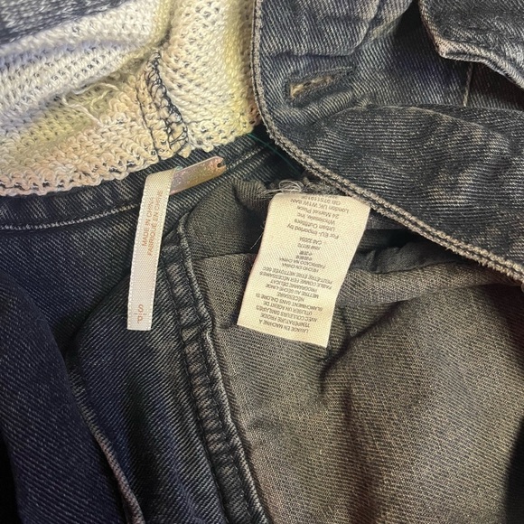 Free People Denim Knit Sleeve Hooded Distressed Jean Trucker Jacket - Picture 7 of 8